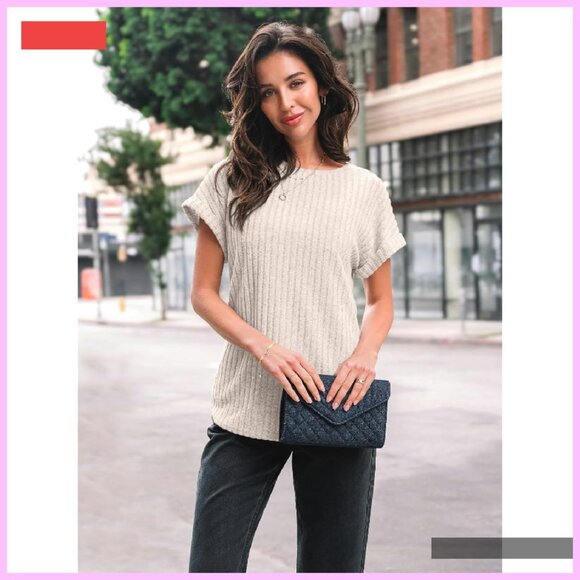 Textured Short Sleeve Tunic Top Loose Fit Business Casual Blouse - Picture 2 of 4